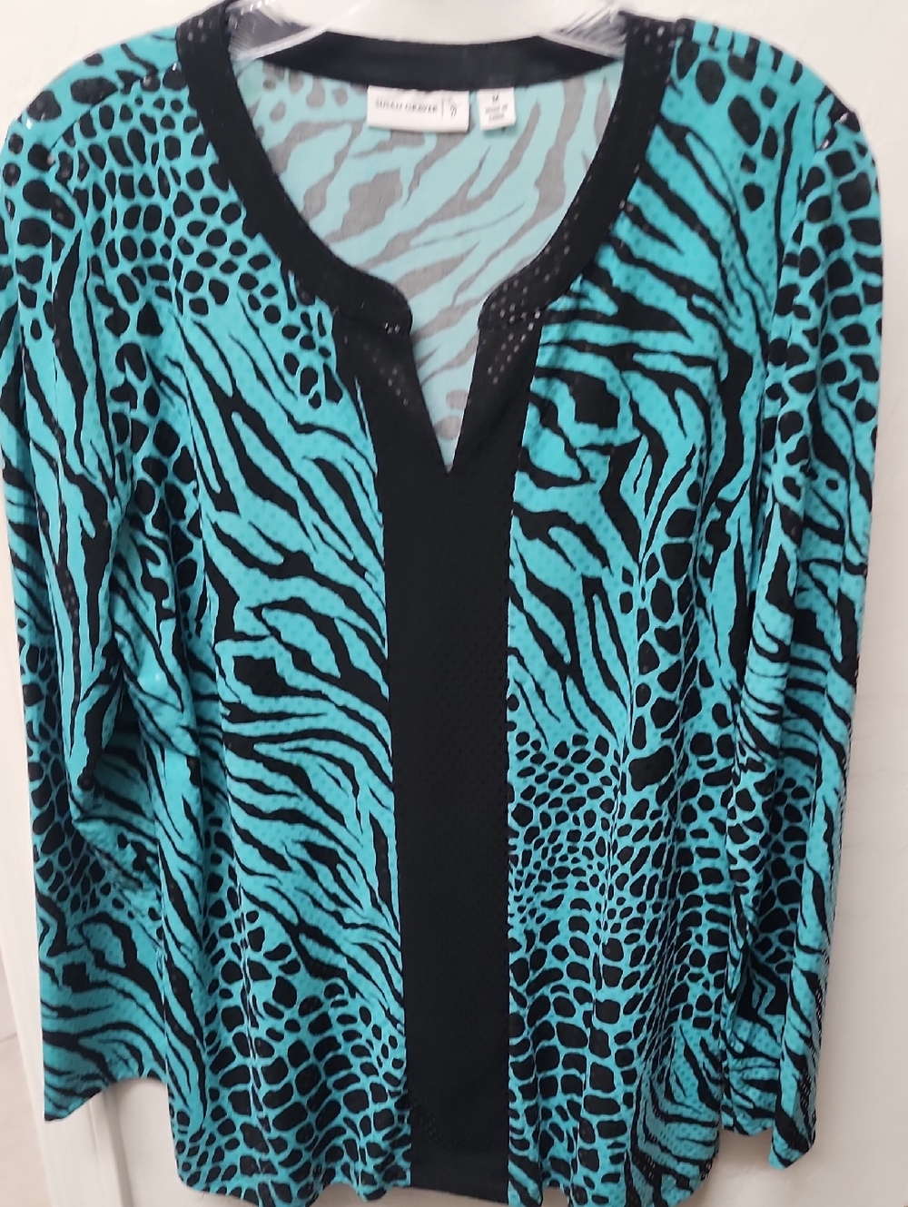 Ariella Turquoise and Black Animal-Print V-Neck Blouse